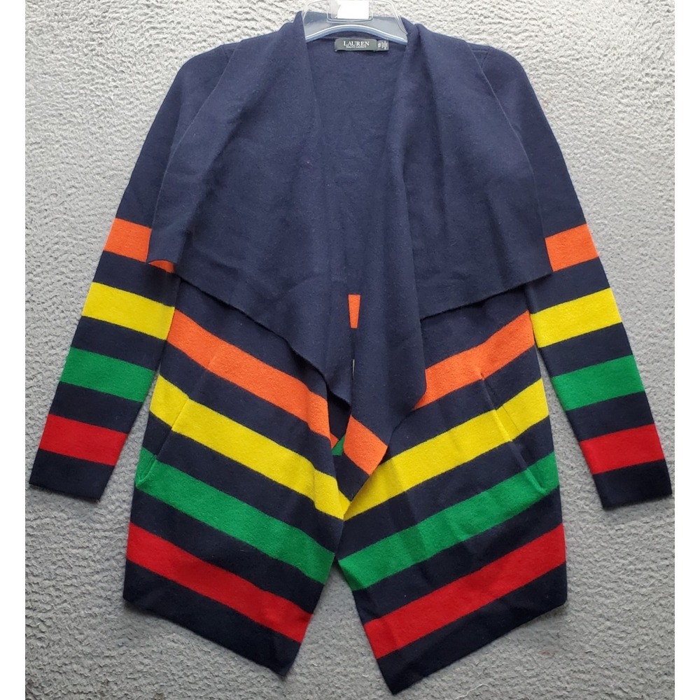 Lauren Ralph Lauren Cardigan Womens XS Multi Rainbow Stripe Wool Open Front EUC